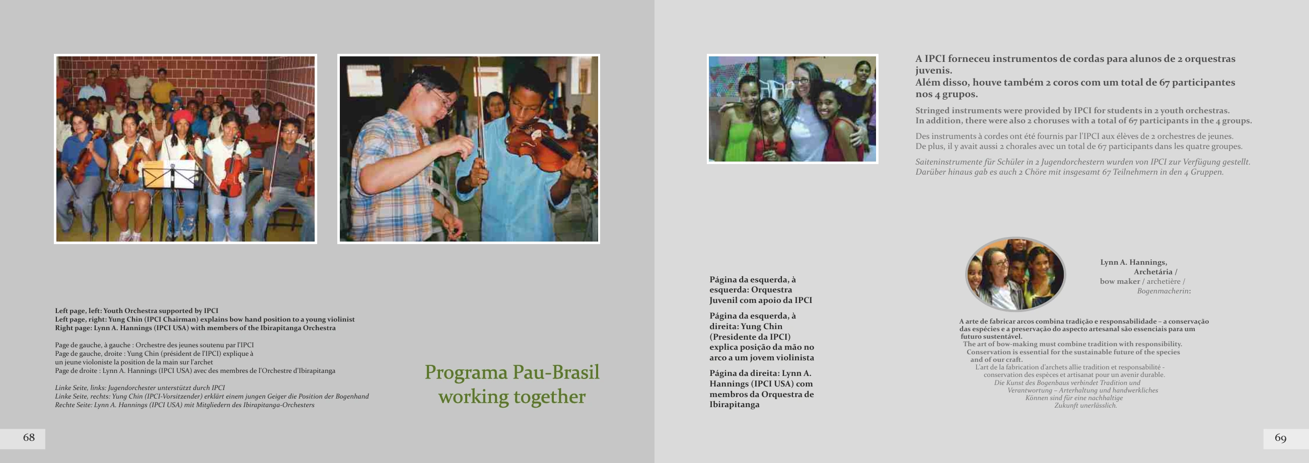 Original pages 68–69 with photographs of a youth orchestra, instrumental teaching and contributions on the Programa Pau-Brasil.