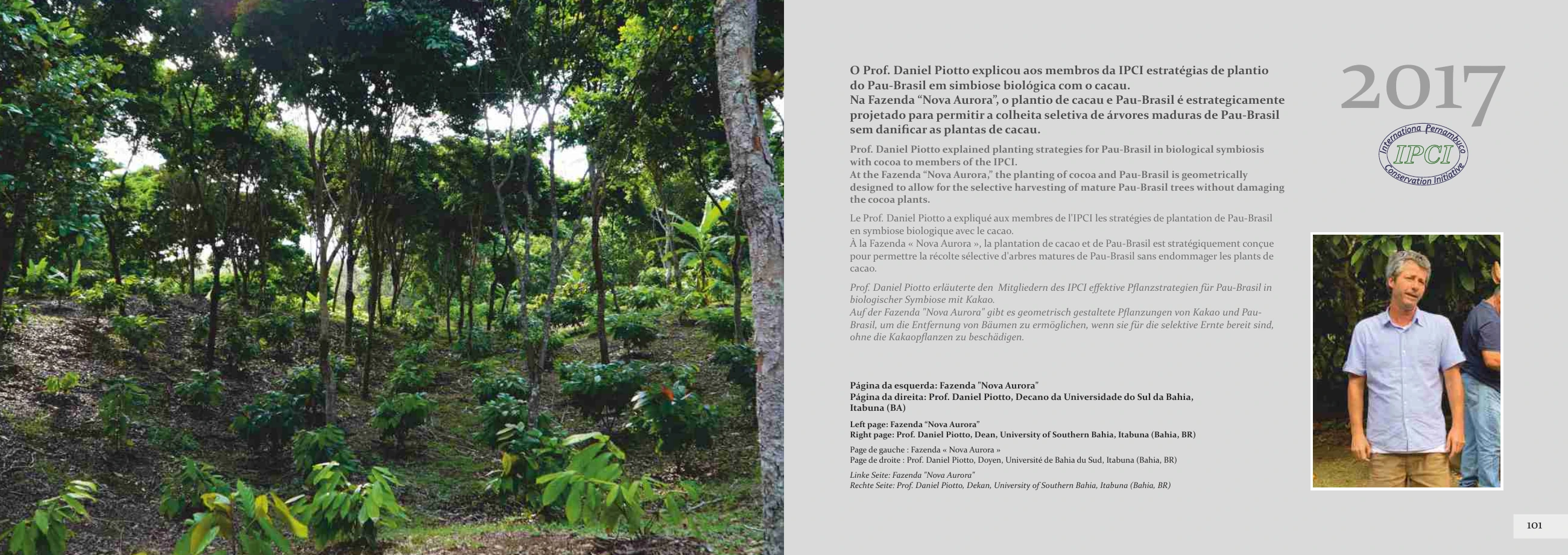 Original pages 100–101 showing a pernambuco and cacao plantation and a contribution on planting strategies in Bahia.
